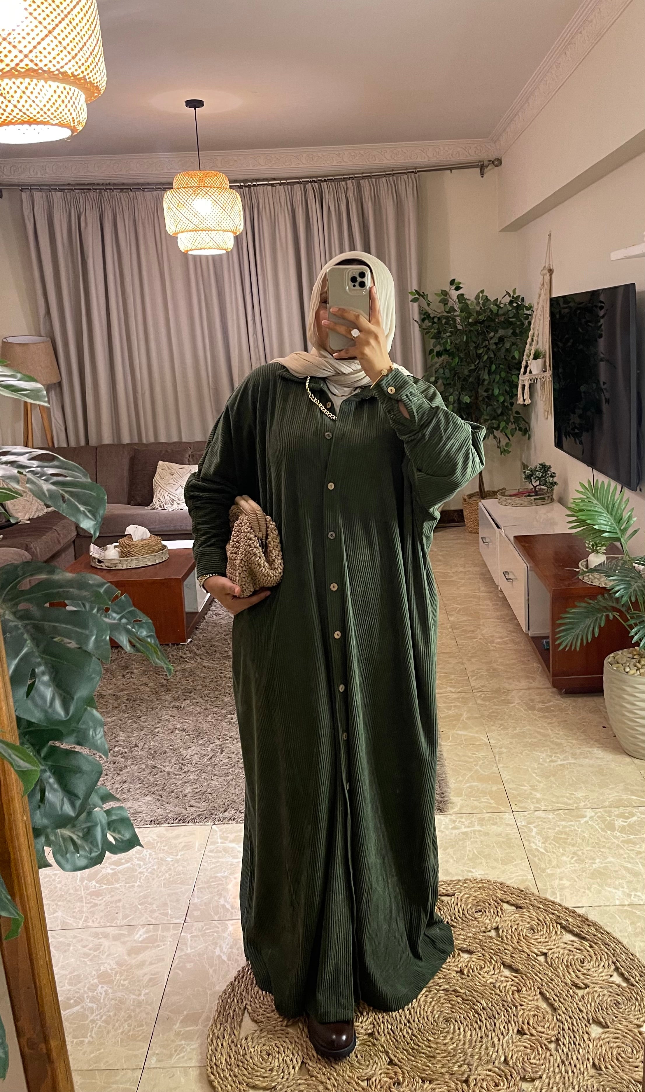 Olive Ribbed Velvet Dress