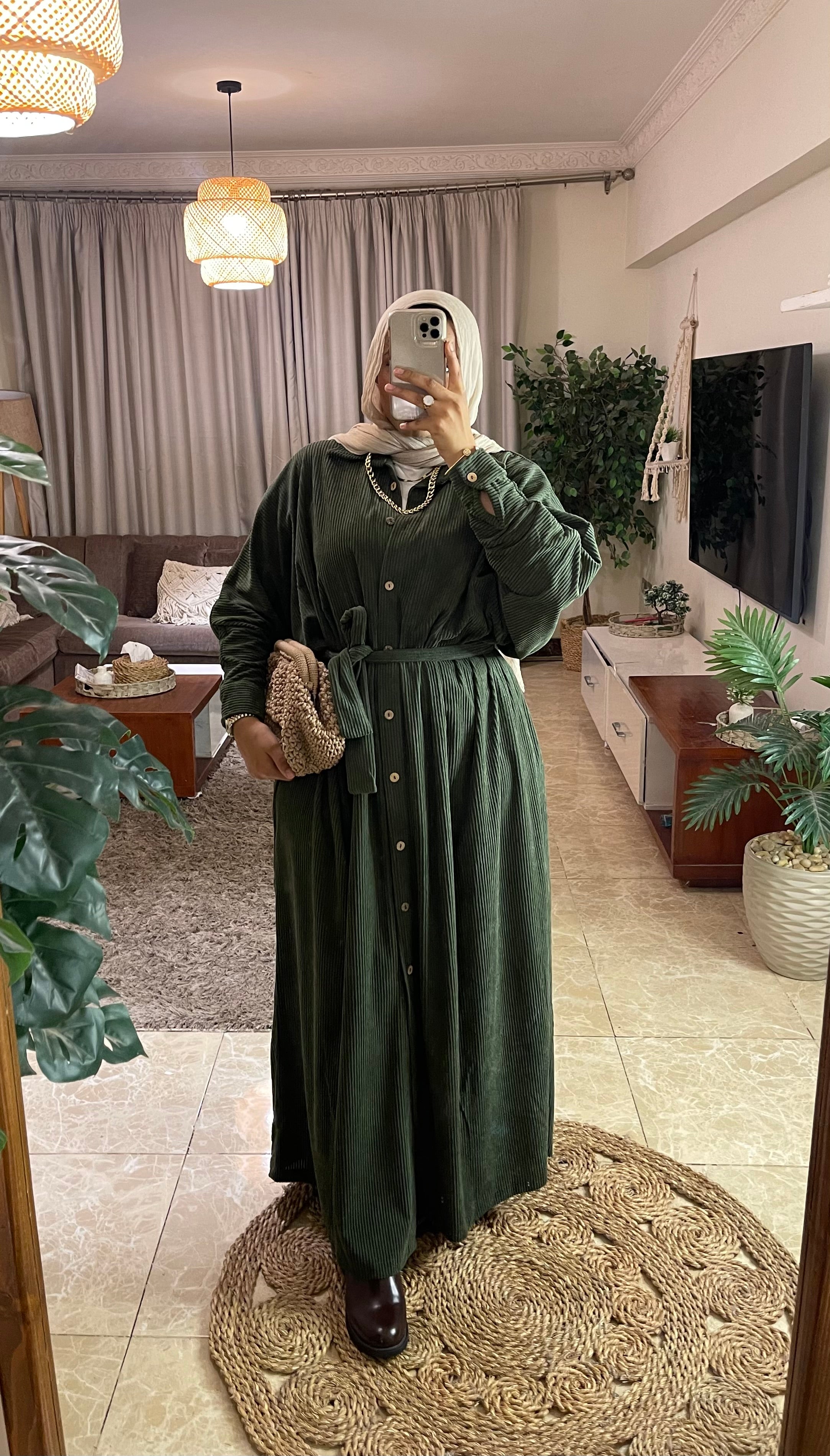 Olive Ribbed Velvet Dress