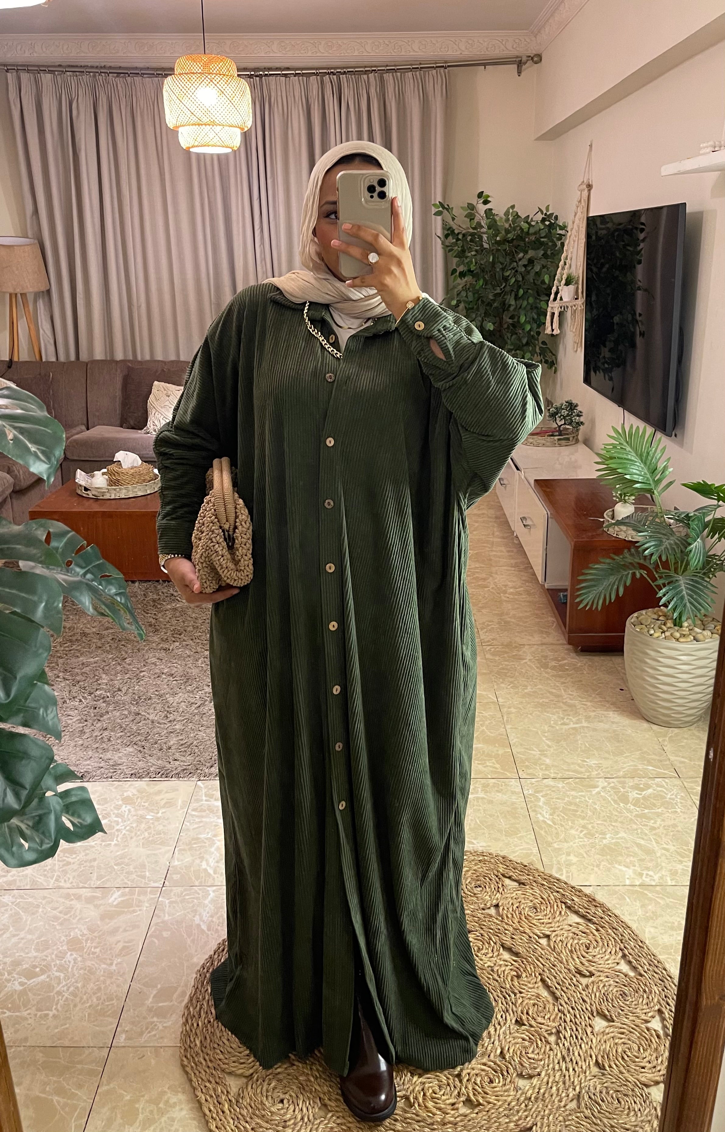 Olive Ribbed Velvet Dress