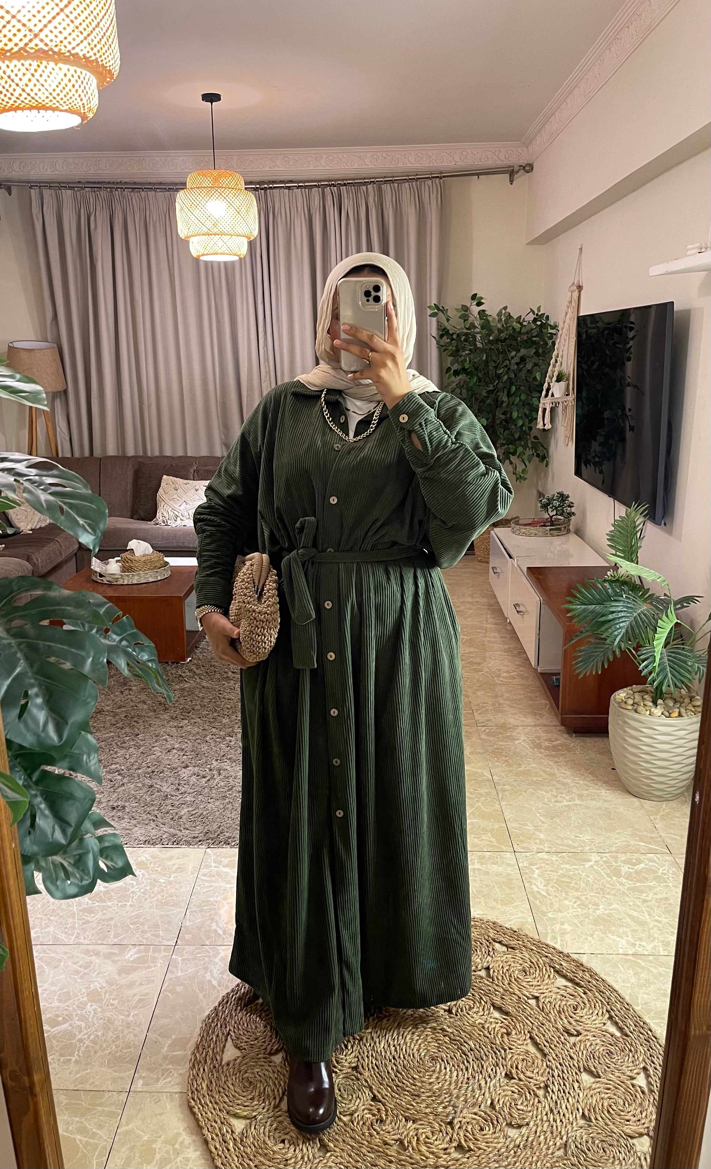 Olive Ribbed Velvet Dress