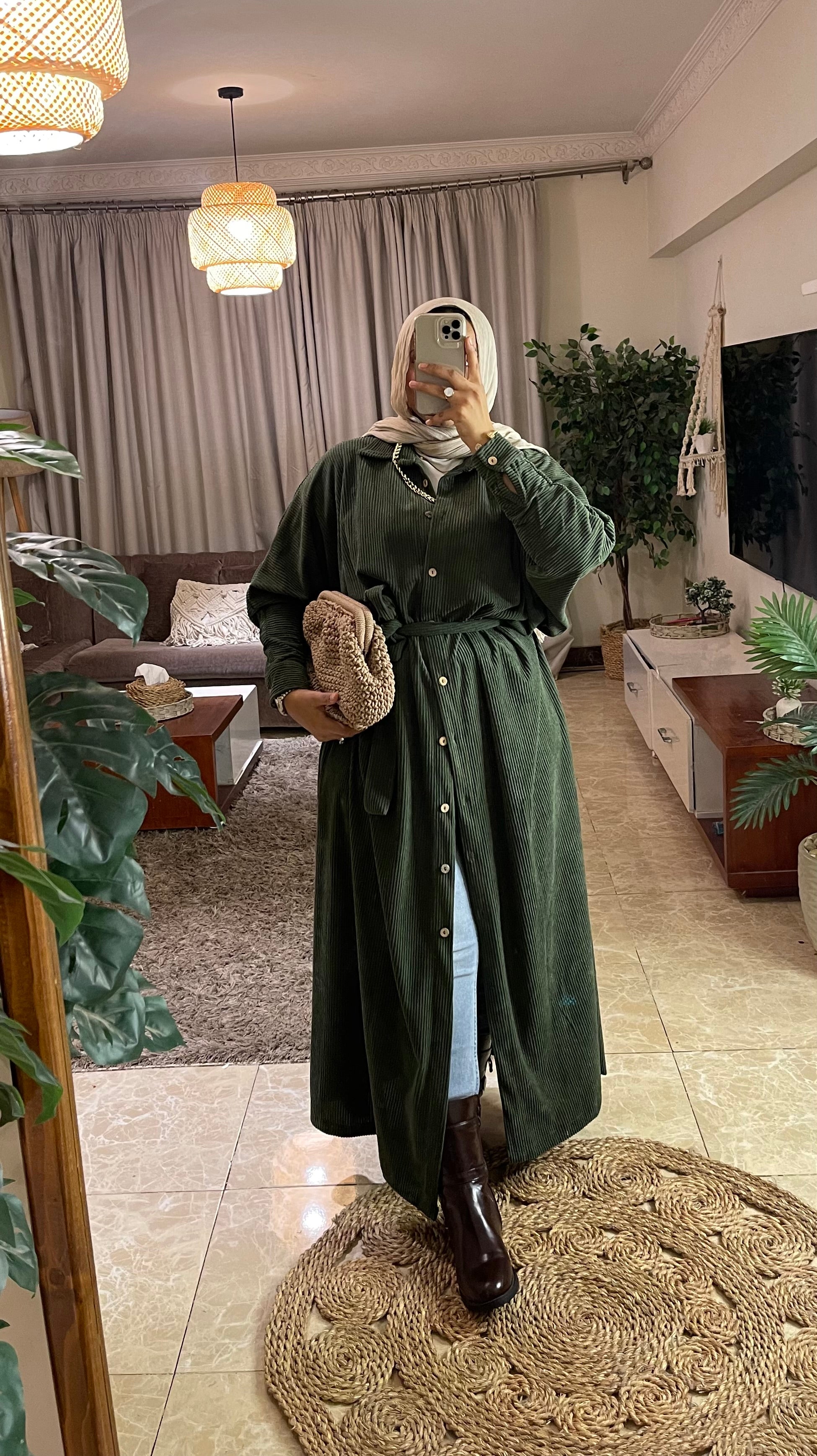 Olive Ribbed Velvet Dress